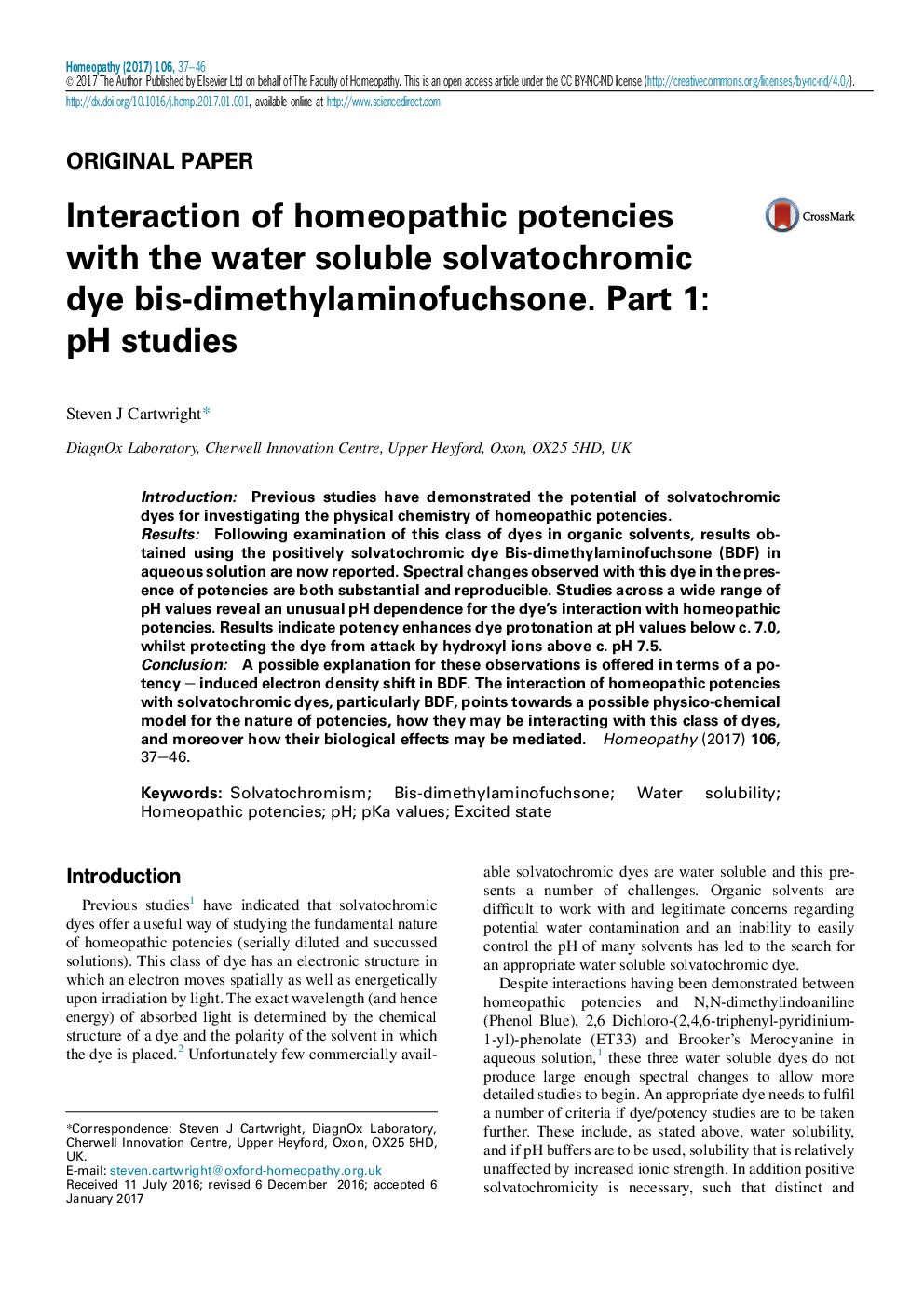 Interaction of homeopathic potencies with the water soluble solvatochromic dye bis-dimethylaminofuchsone. Part 1: pH studies