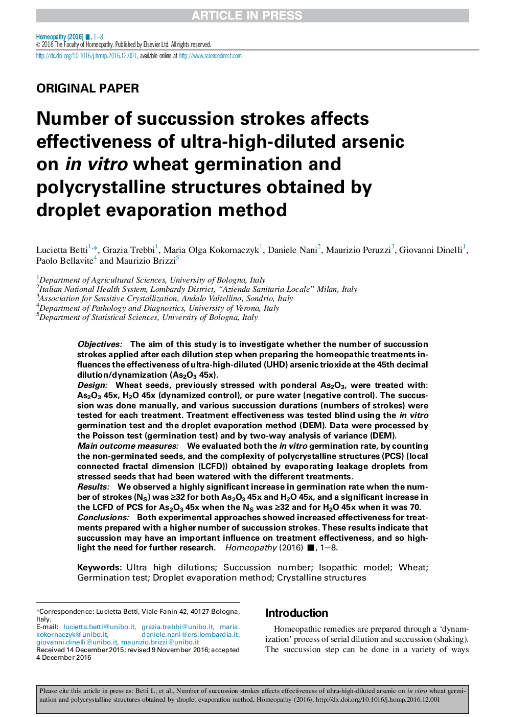 Number of succussion strokes affects effectiveness of ultra-high-diluted arsenic on inÂ vitro wheat germination and polycrystalline structures obtained by droplet evaporation method