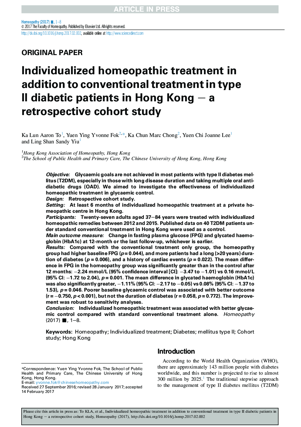 Individualized homeopathic treatment in addition to conventional treatment in type II diabetic patients in Hong Kong - a retrospective cohort study