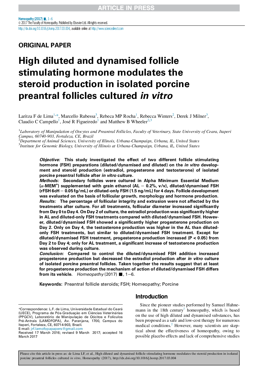 High diluted and dynamised follicle stimulating hormone modulates steroid production in isolated porcine preantral follicles cultured inÂ vitro