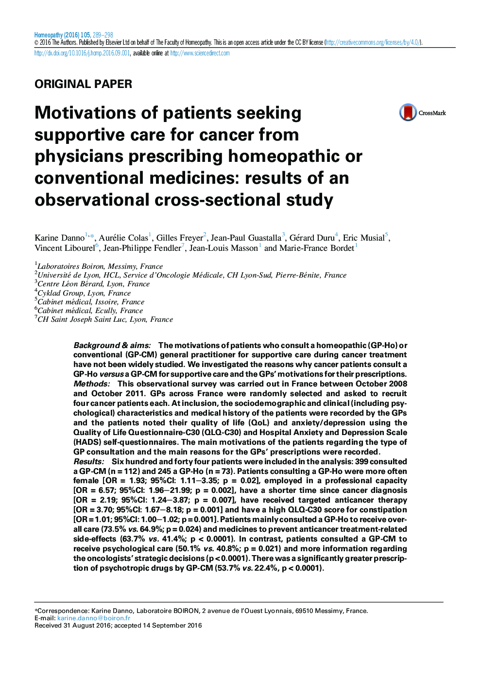 Motivations of patients seeking supportive care for cancer from physiciansÂ prescribing homeopathic or conventional medicines: results of an observational cross-sectional study