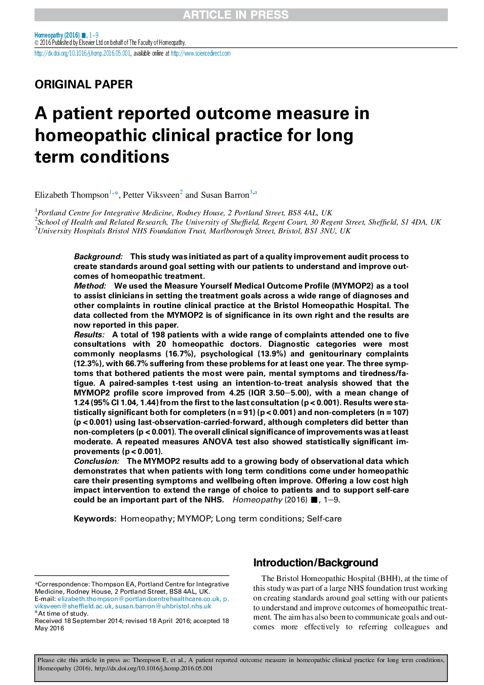 A patient reported outcome measure in homeopathic clinical practice for long-term conditions