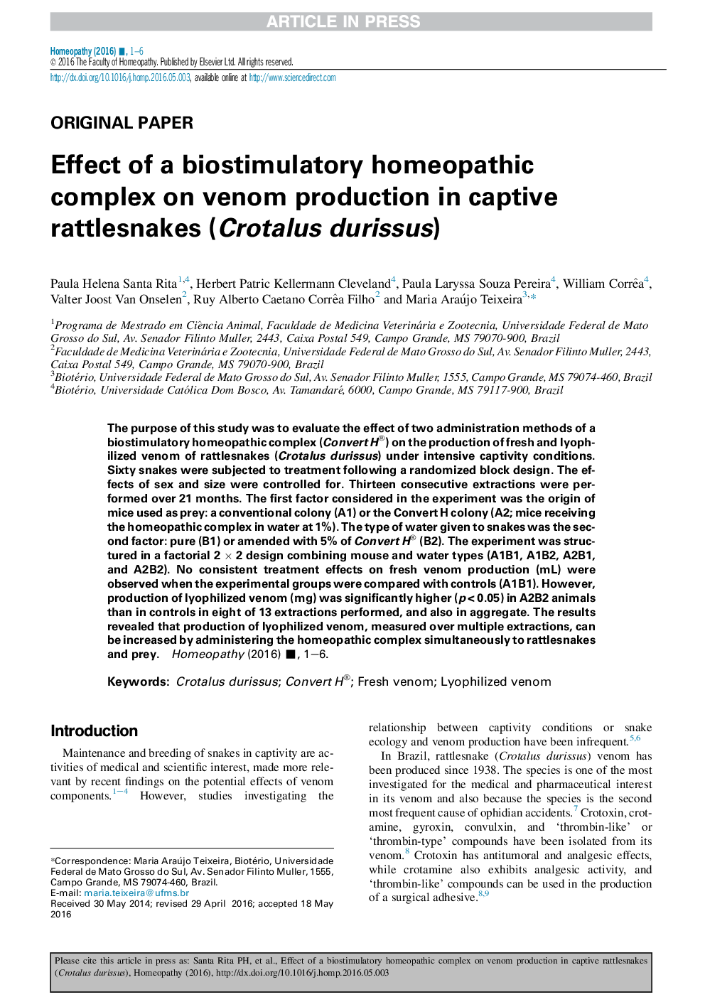 Effect of a biostimulatory homeopathic complex on venom production in captive rattlesnakes (Crotalus durissus)