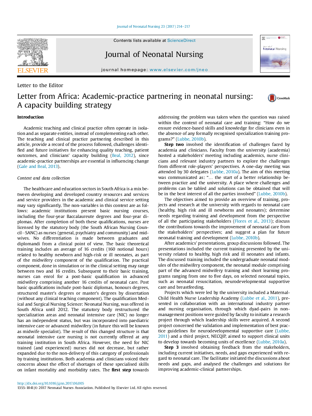 Letter from Africa: Academic-practice partnering in neonatal nursing: A capacity building strategy