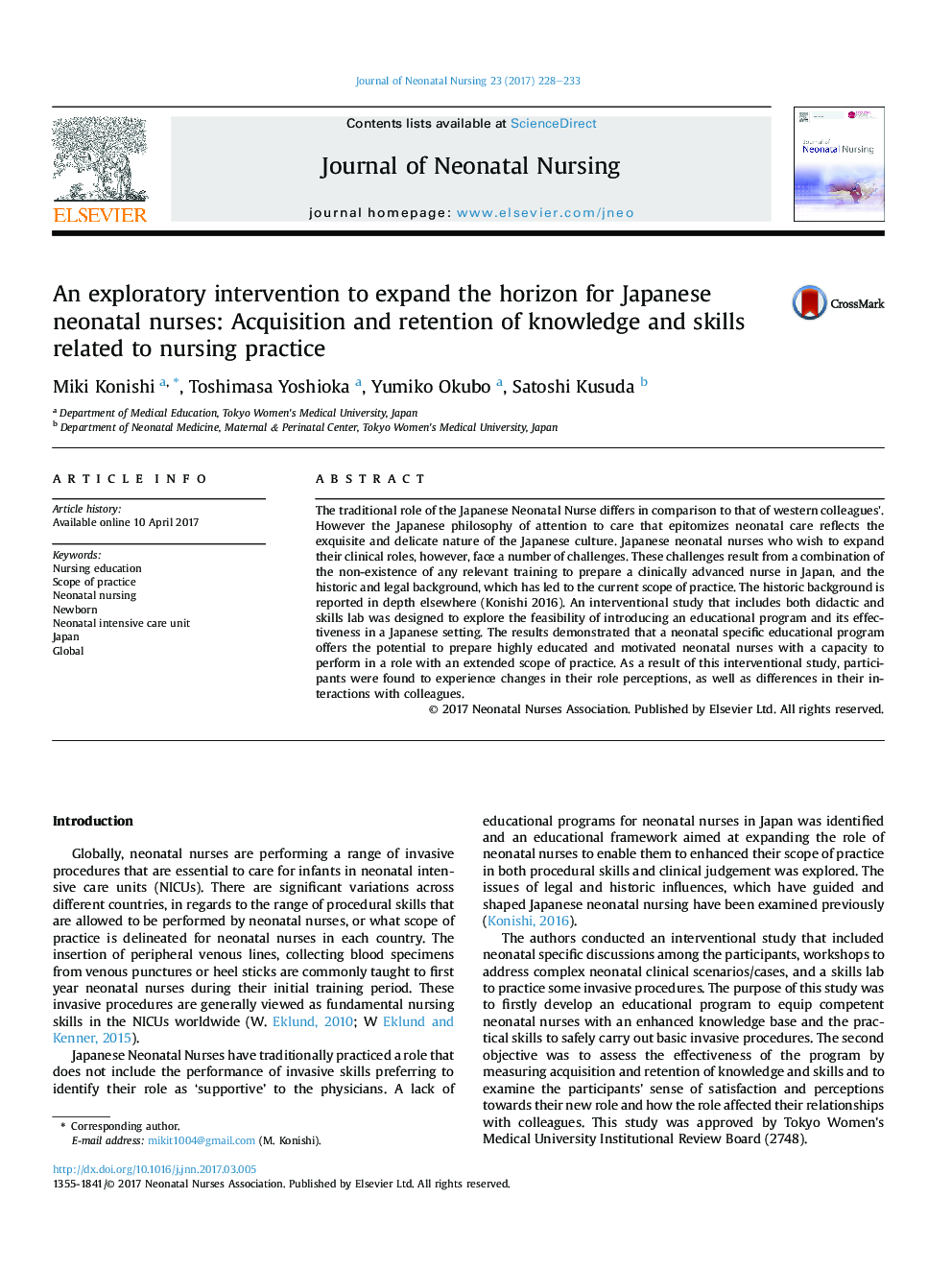 An exploratory intervention to expand the horizon for Japanese neonatal nurses: Acquisition and retention of knowledge and skills related to nursing practice