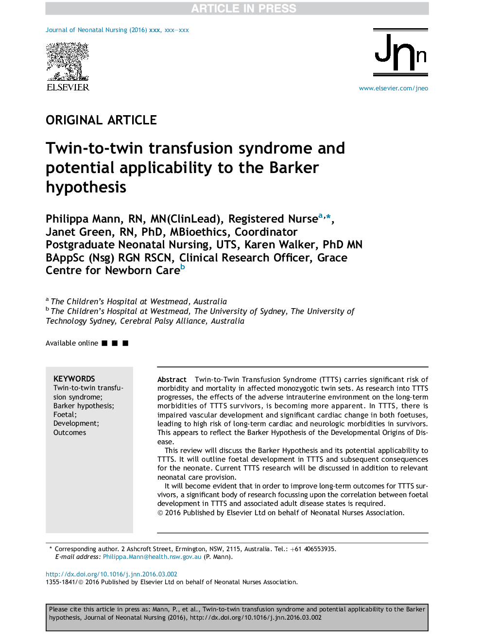 Twin-to-twin transfusion syndrome and potential applicability to the Barker hypothesis