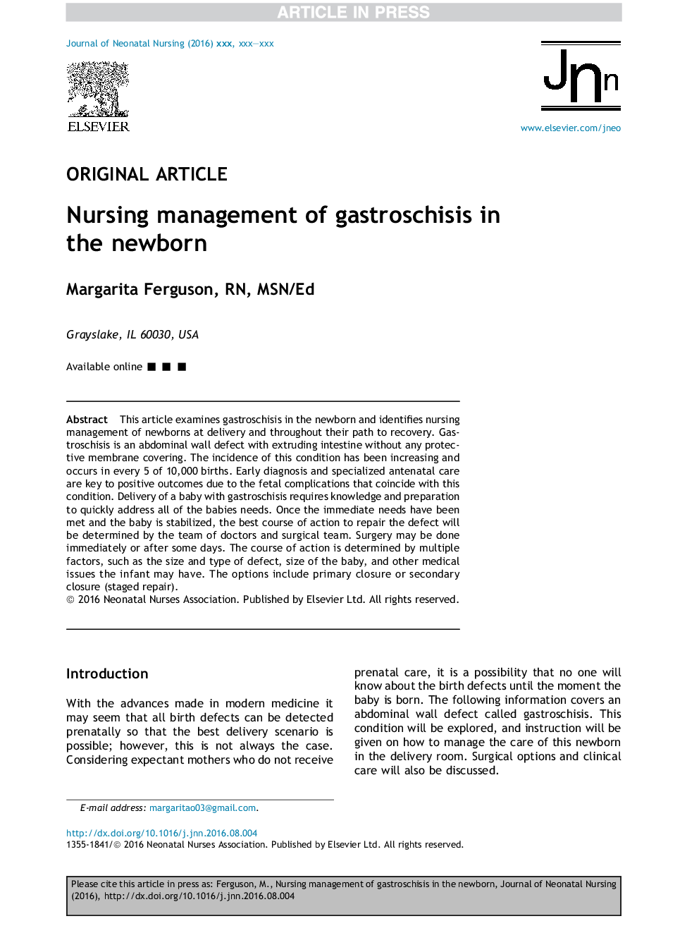 Nursing management of gastroschisis in the newborn