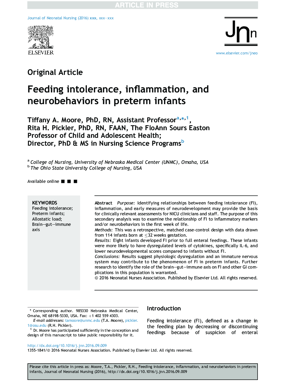Feeding intolerance, inflammation, and neurobehaviors in preterm infants