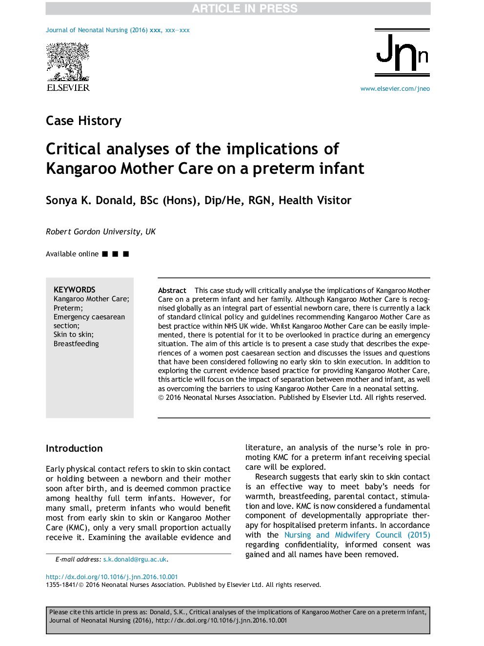 Critical analyses of the implications of Kangaroo Mother Care on a preterm infant