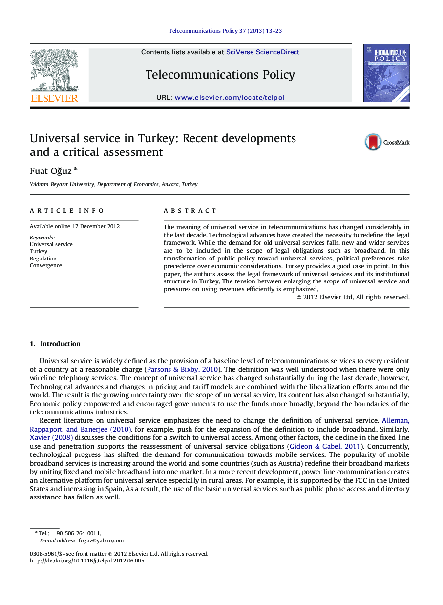 Universal service in Turkey: Recent developments and a critical assessment