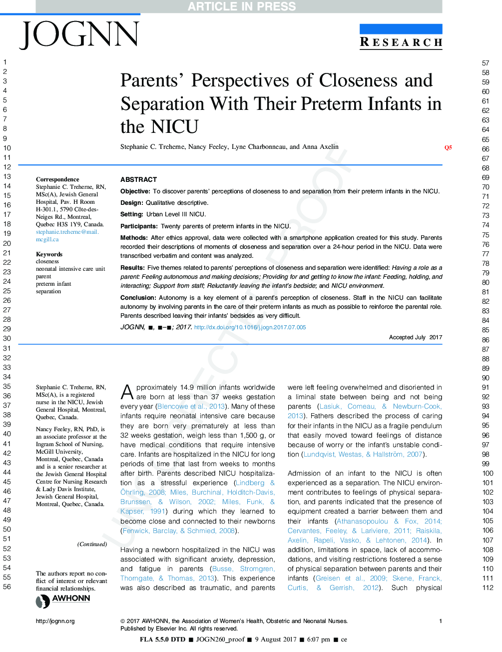 Parents' Perspectives of Closeness and Separation With Their Preterm Infants in the NICU