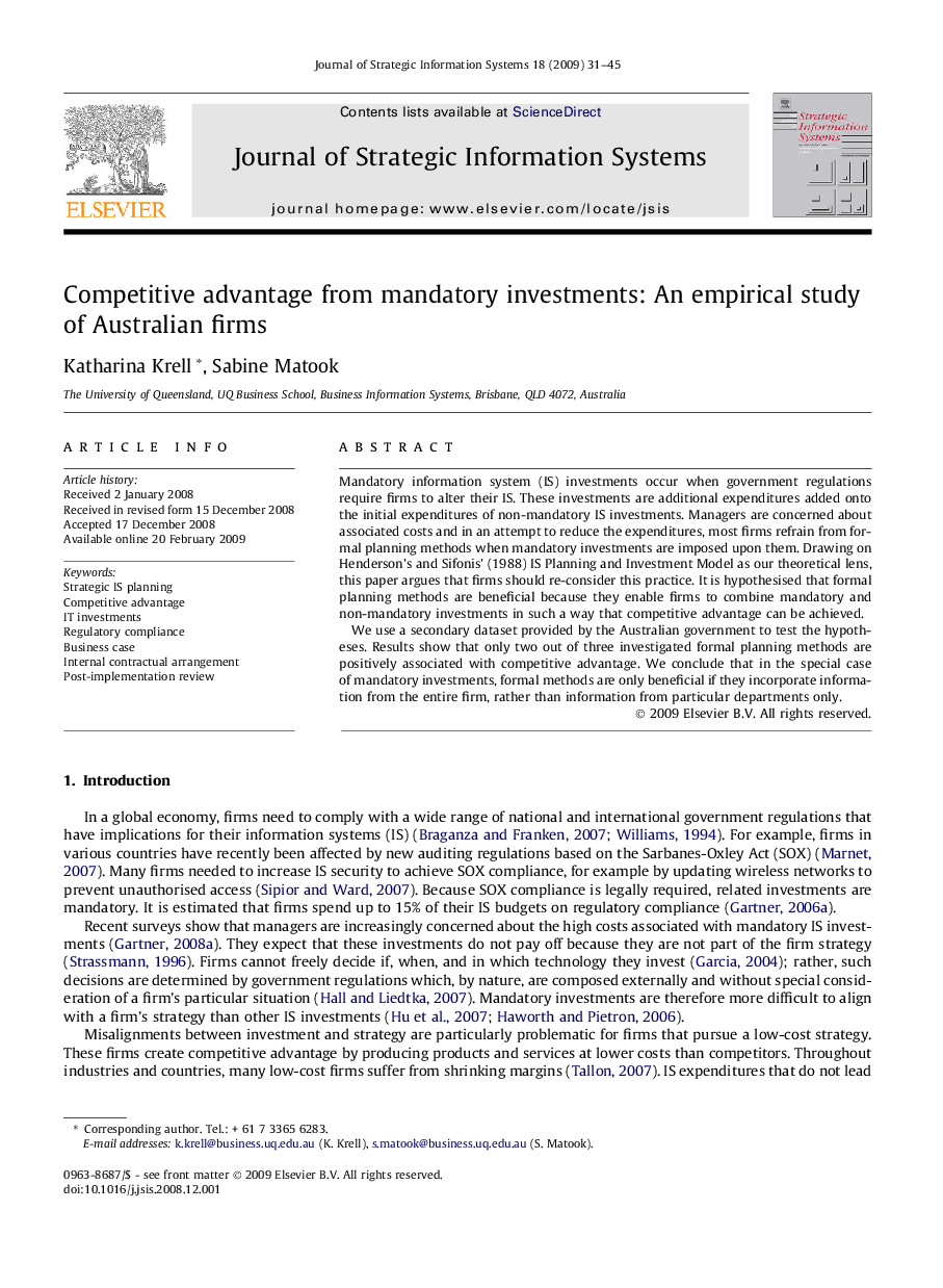 Competitive advantage from mandatory investments: An empirical study of Australian firms