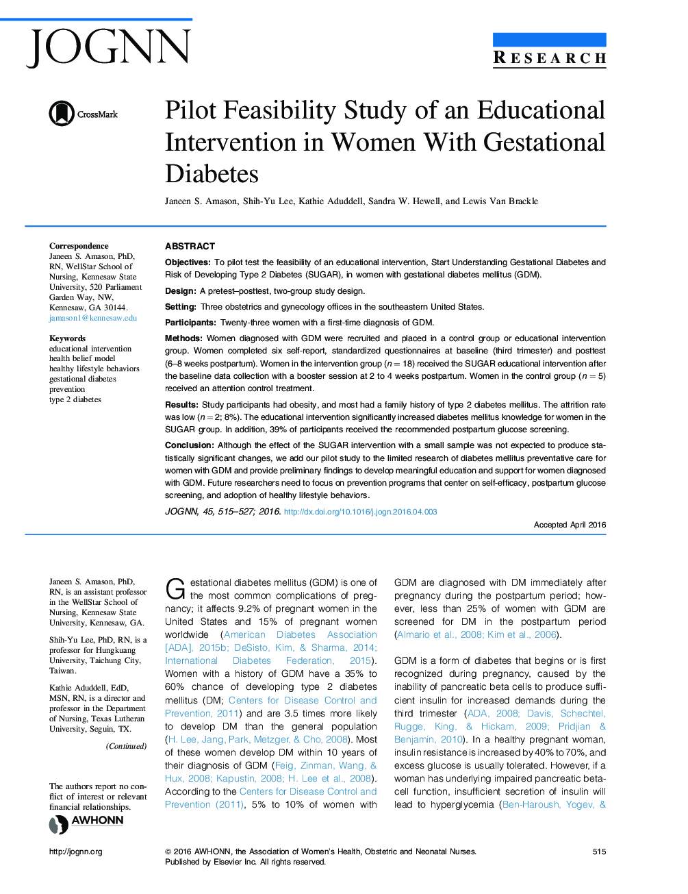 Pilot Feasibility Study of an Educational Intervention in Women With Gestational Diabetes