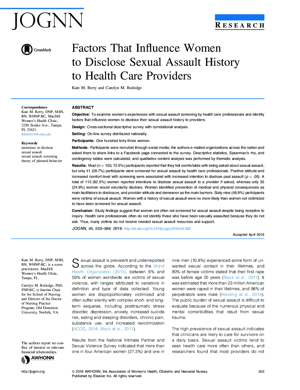 Factors That Influence Women toÂ Disclose Sexual Assault History toÂ Health Care Providers