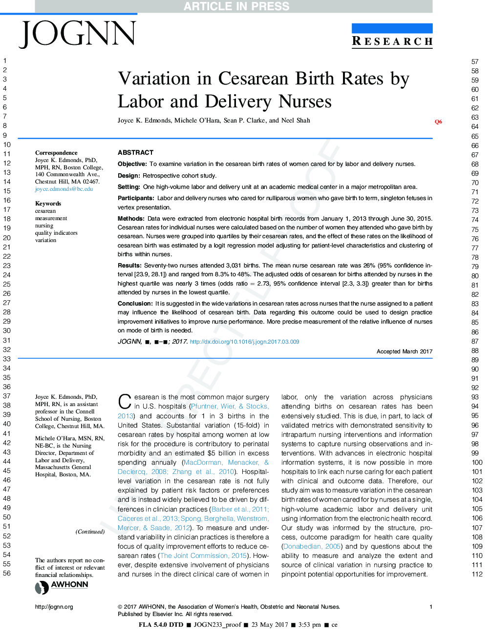 Variation in Cesarean Birth Rates by Labor and Delivery Nurses