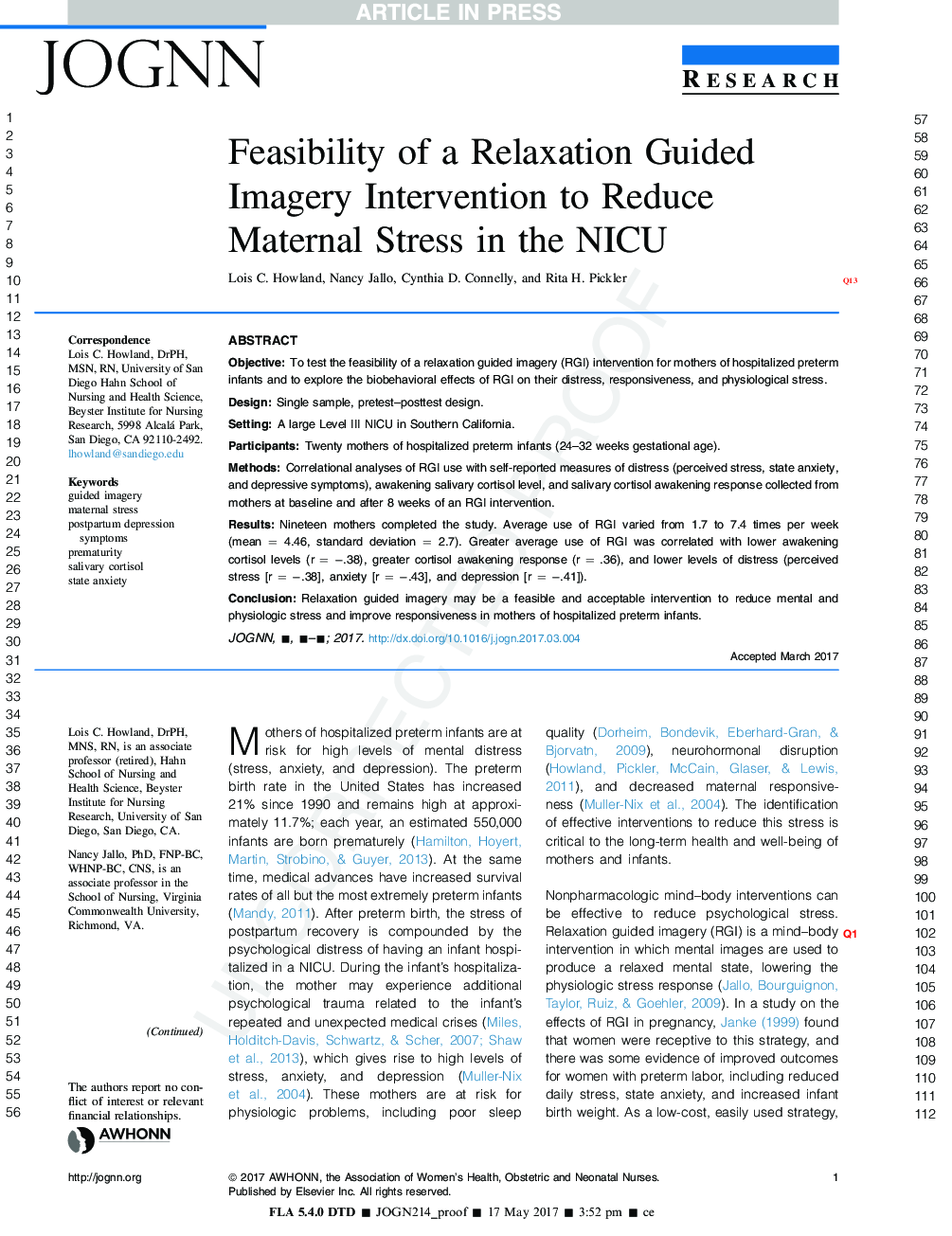 عکس صفحه اول مقاله: Feasibility of a Relaxation Guided Imagery Intervention to Reduce Maternal Stress in the NICU Feasibility of a Relaxation Guided Imagery Intervention to Reduce Maternal Stress in the NICU
