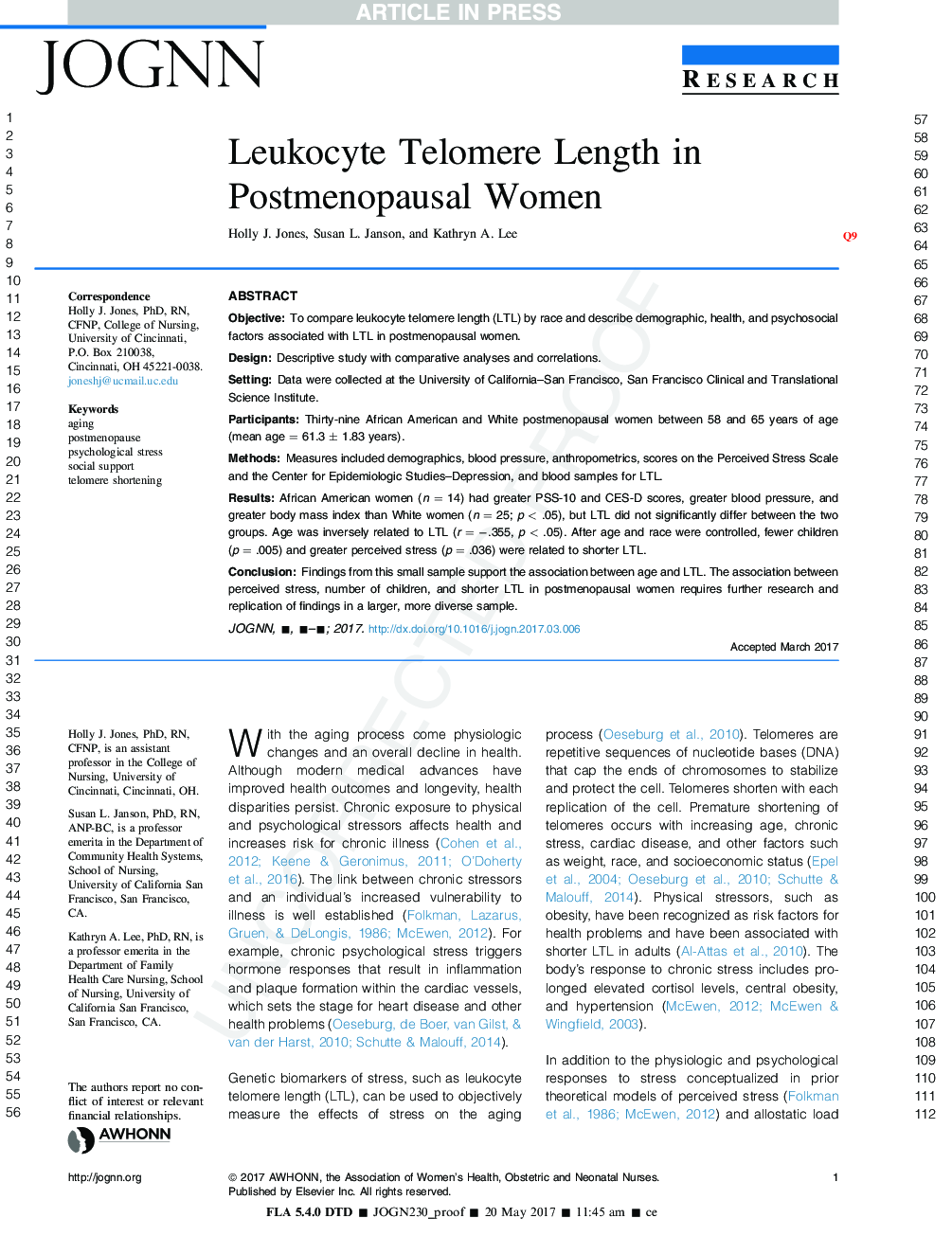 Leukocyte Telomere Length in Postmenopausal Women