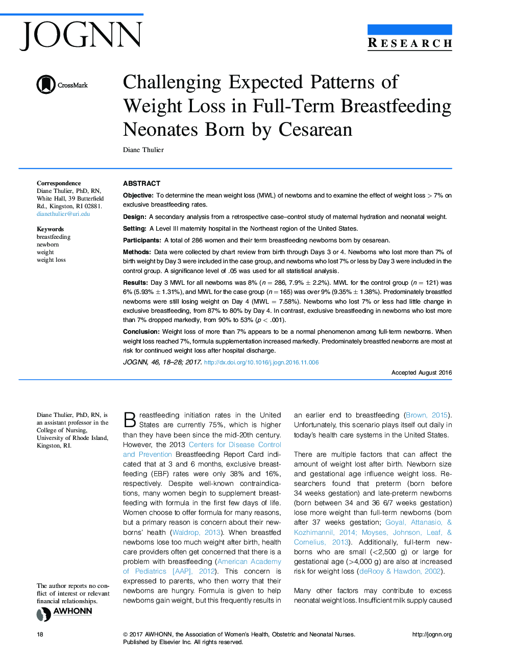 Challenging Expected Patterns of Weight Loss in Full-Term Breastfeeding Neonates Born by Cesarean