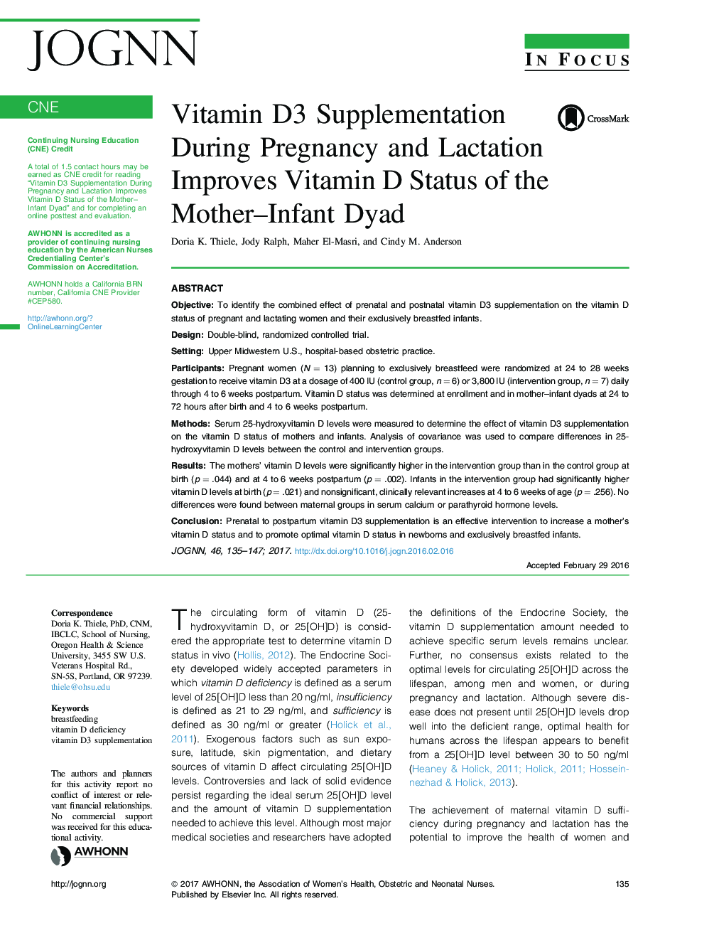 Vitamin D3 Supplementation During Pregnancy and Lactation Improves Vitamin D Status of the Mother-Infant Dyad