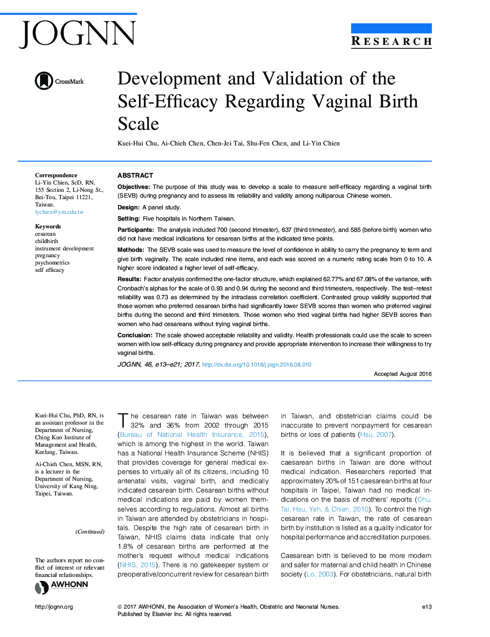 Development and Validation of the Self-Efficacy Regarding Vaginal Birth Scale