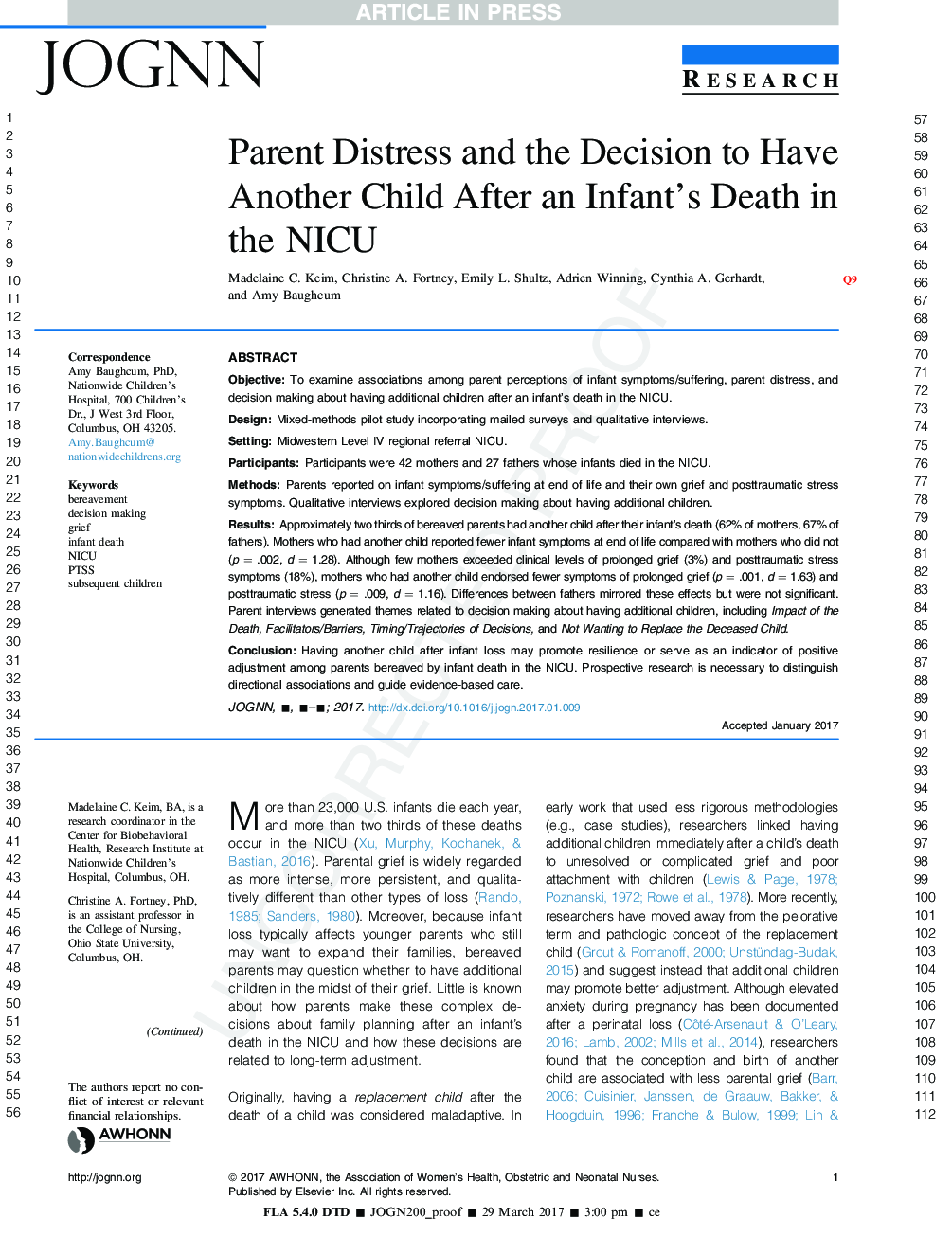 Parent Distress and the Decision to Have Another Child After an Infant's Death in the NICU