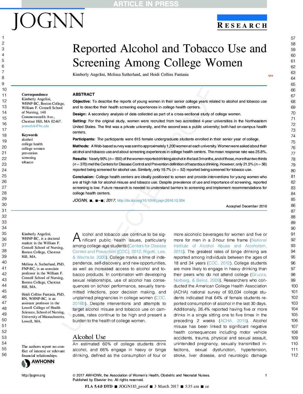 Reported Alcohol and Tobacco Use and Screening Among College Women
