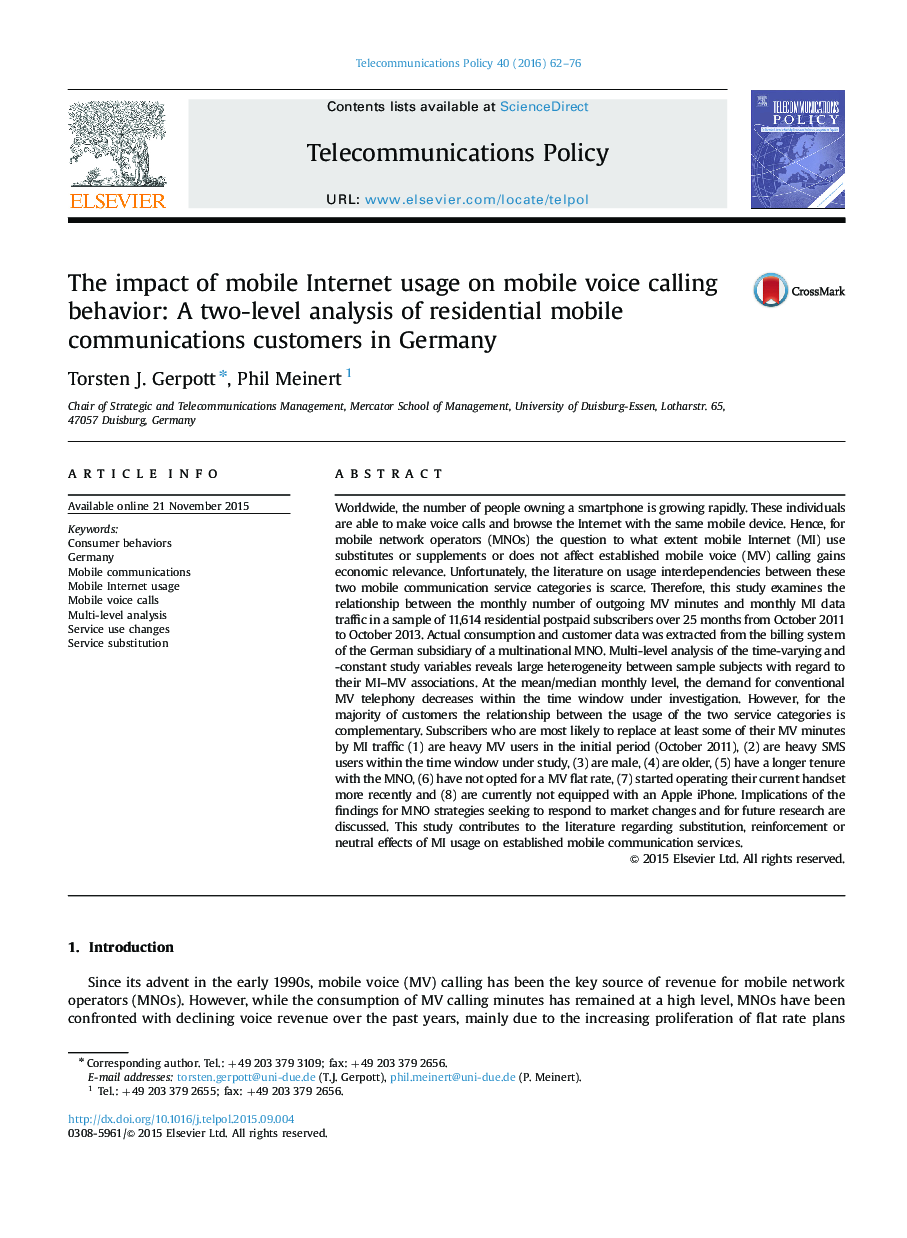 تأثیر استفاده از اینترنت تلفن همراه بر رفتار تماس تلفن همراه: تحلیل دوسطحی از مشتریان تلفن همراه مسکونی در آلمان