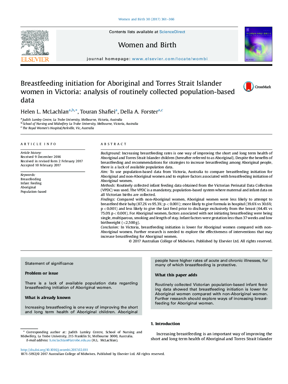 Breastfeeding initiation for Aboriginal and Torres Strait Islander women in Victoria: analysis of routinely collected population-based data