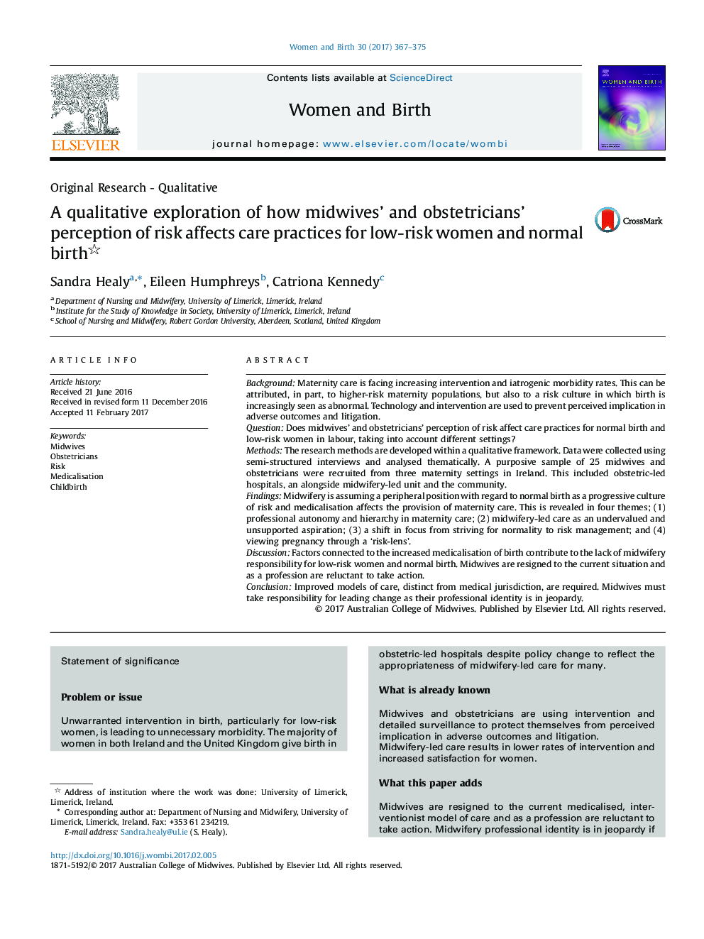 A qualitative exploration of how midwives' and obstetricians' perception of risk affects care practices for low-risk women and normal birth