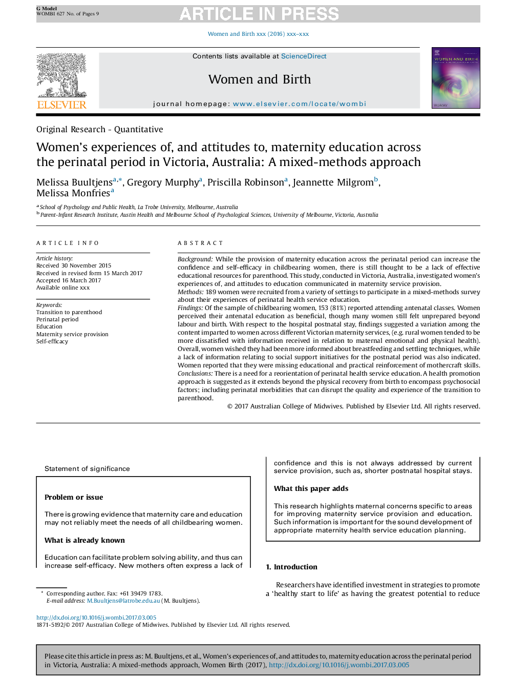 Women's experiences of, and attitudes to, maternity education across the perinatal period in Victoria, Australia: A mixed-methods approach