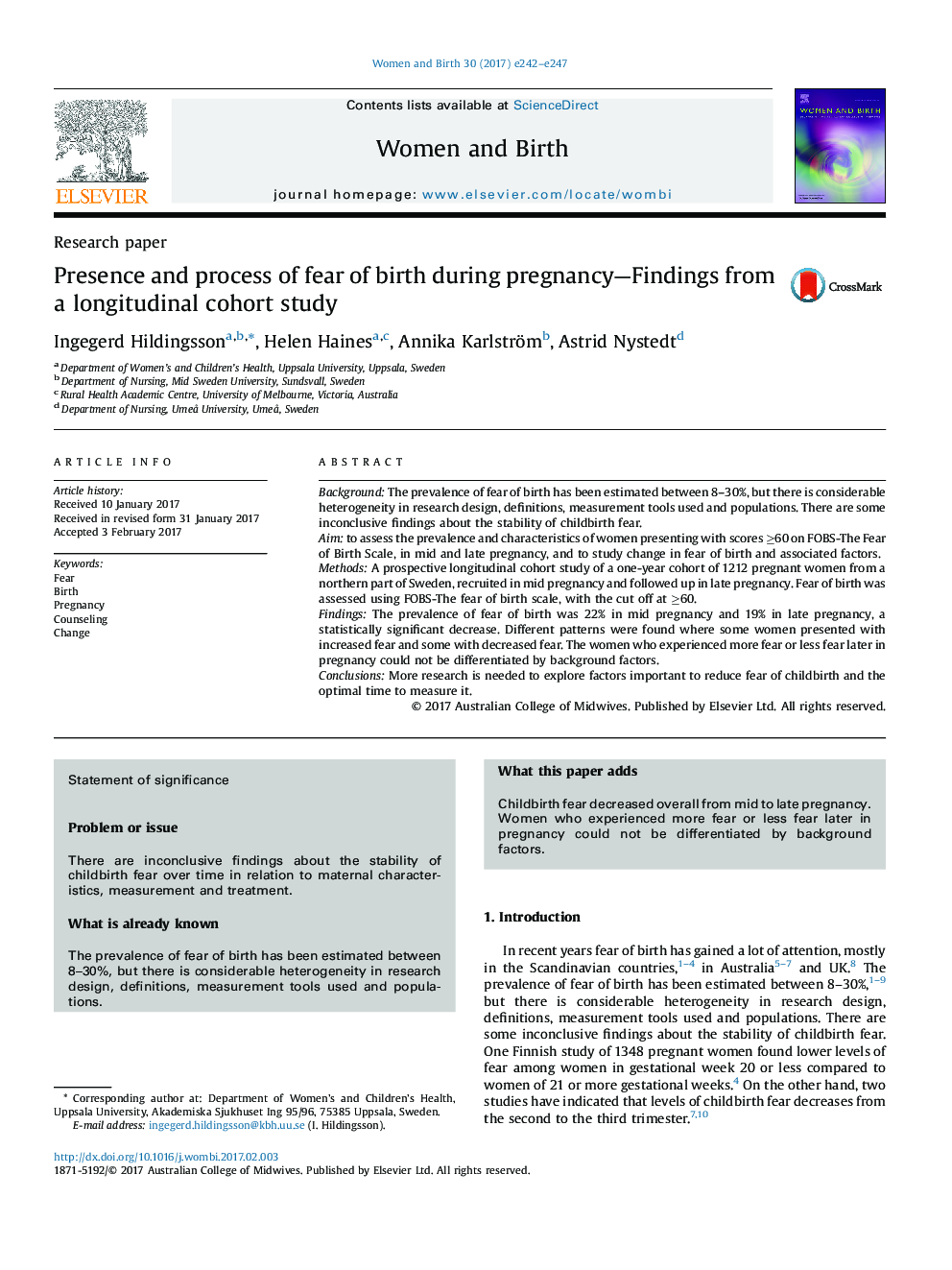 Presence and process of fear of birth during pregnancy-Findings from a longitudinal cohort study