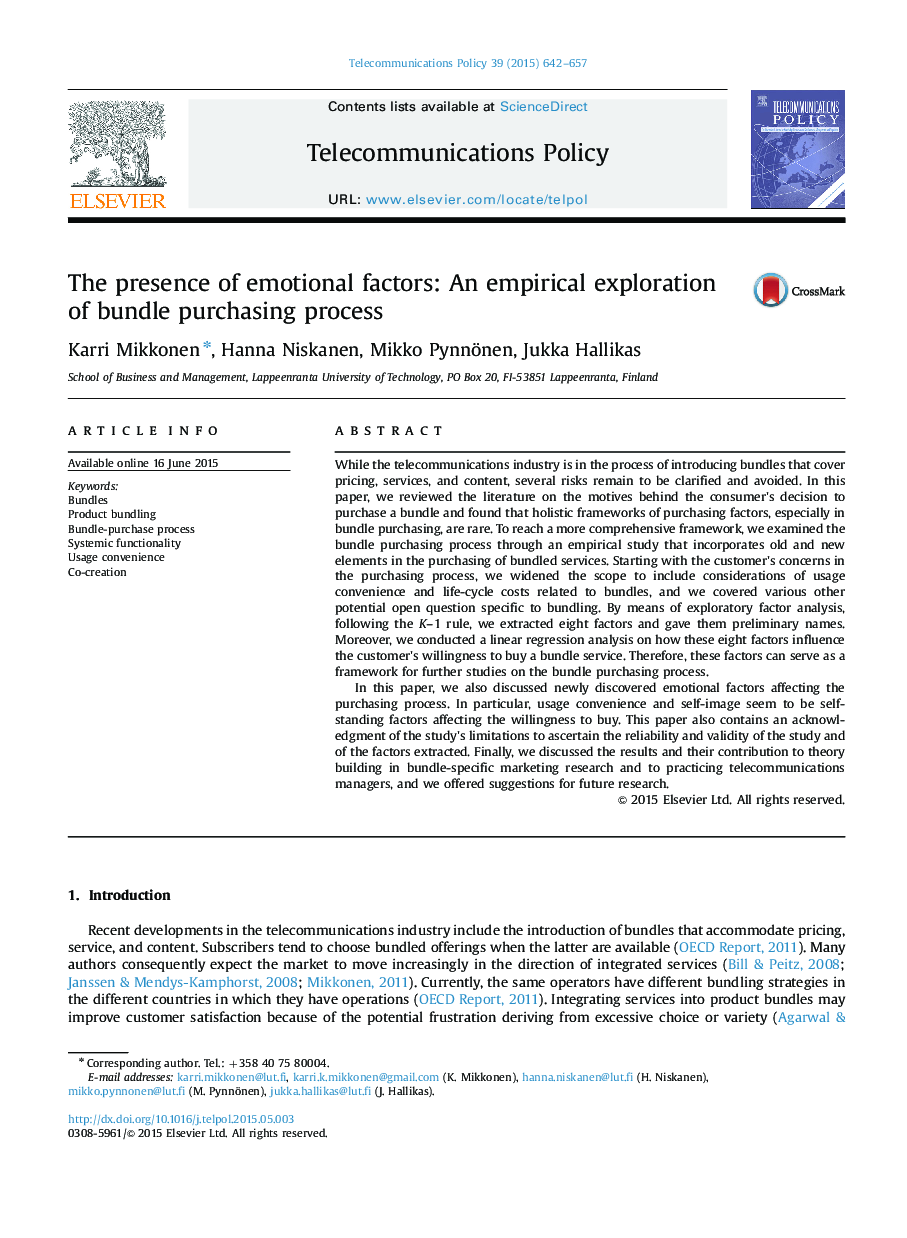 The presence of emotional factors: An empirical exploration of bundle purchasing process