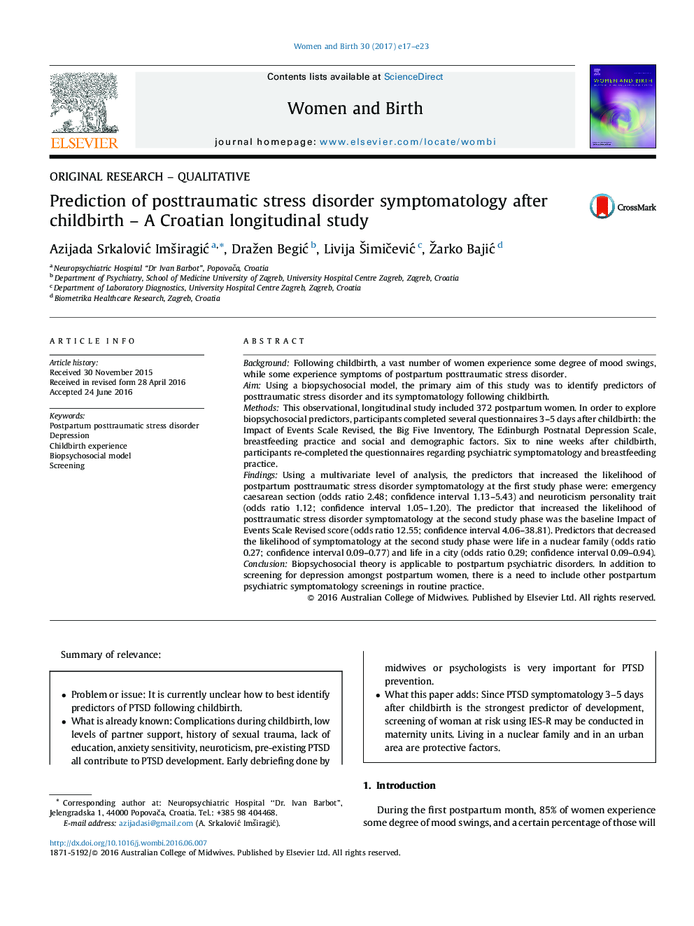 Prediction of posttraumatic stress disorder symptomatology after childbirth - A Croatian longitudinal study