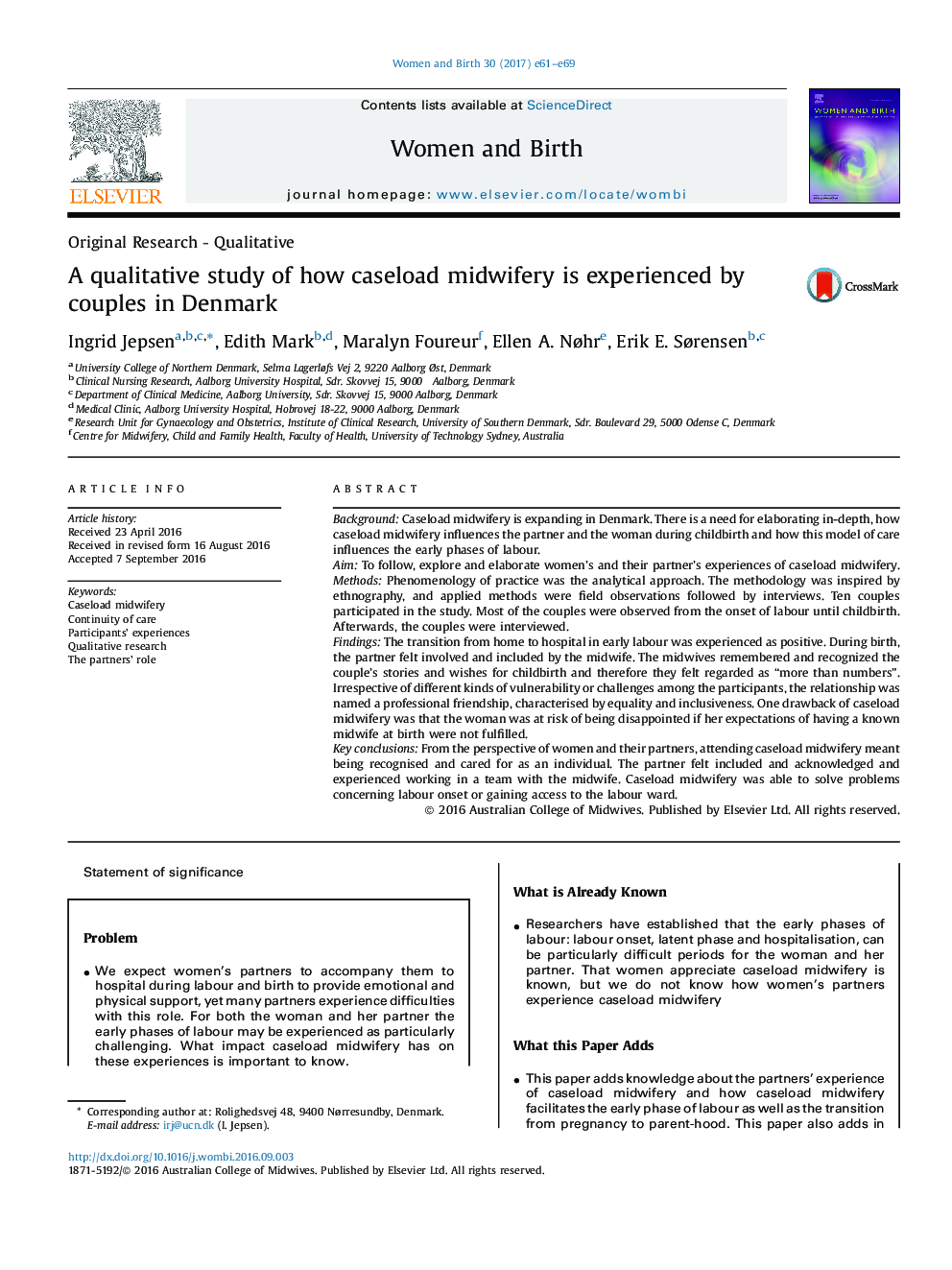 A qualitative study of how caseload midwifery is experienced by couples in Denmark