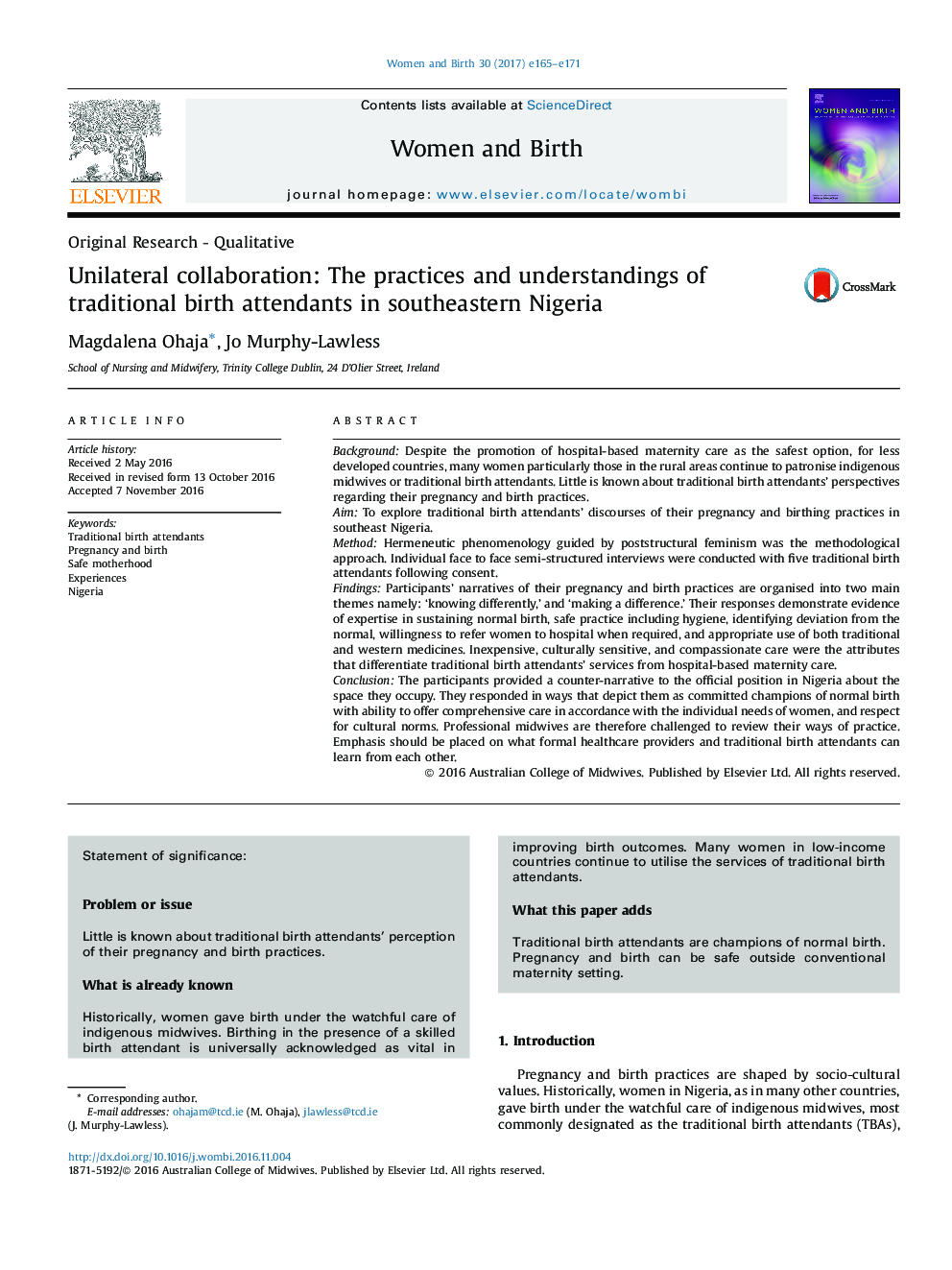 Unilateral collaboration: The practices and understandings of traditional birth attendants in southeastern Nigeria