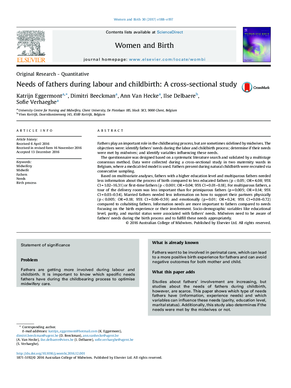 Needs of fathers during labour and childbirth: A cross-sectional study