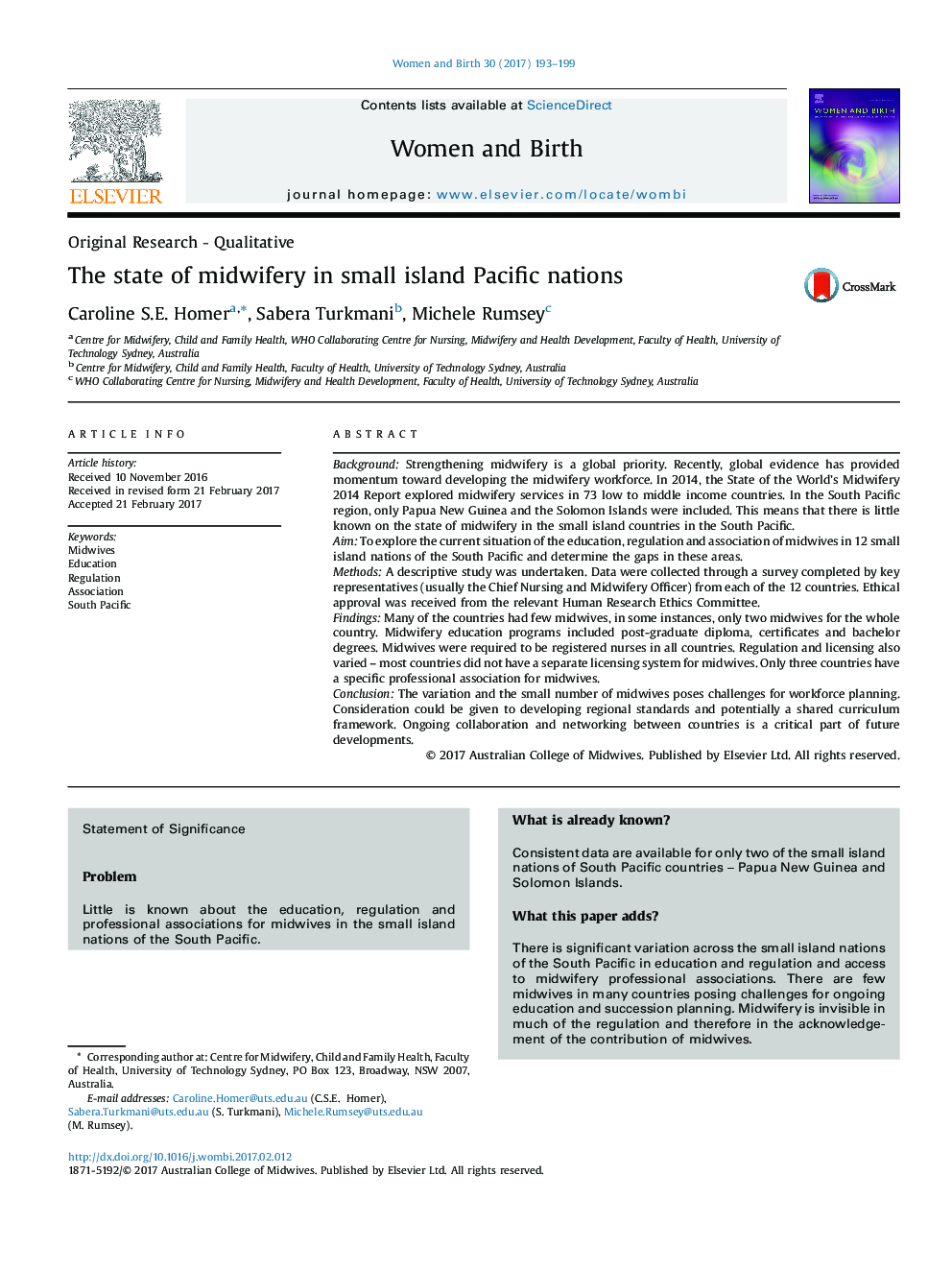 The state of midwifery in small island Pacific nations