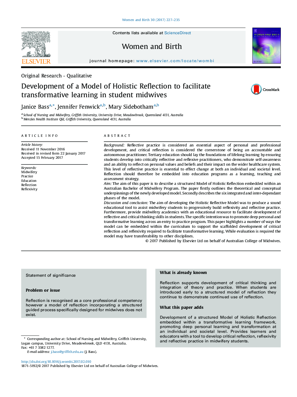 Original Research - QualitativeDevelopment of a Model of Holistic Reflection to facilitate transformative learning in student midwives