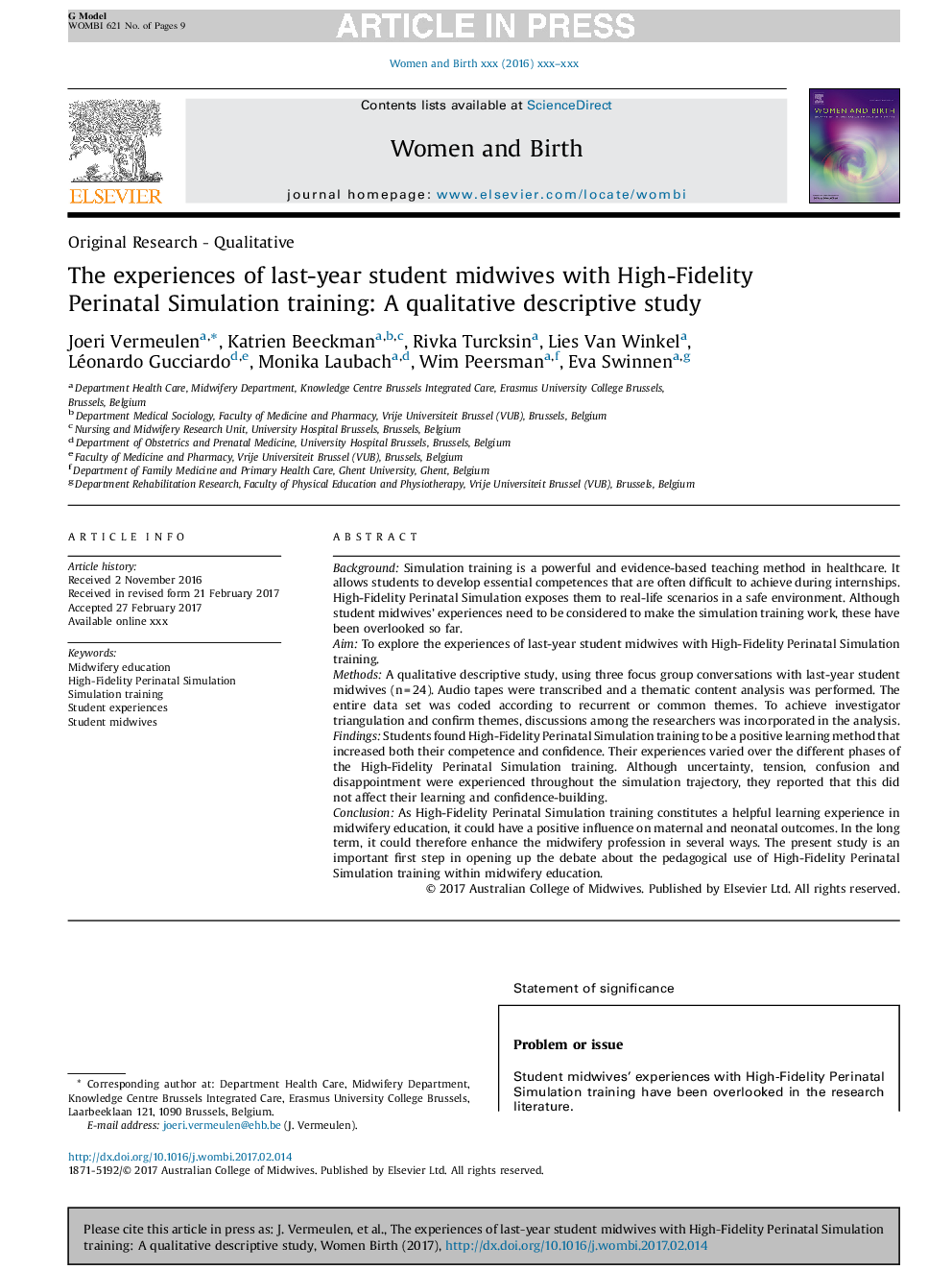 The experiences of last-year student midwives with High-Fidelity Perinatal Simulation training: A qualitative descriptive study