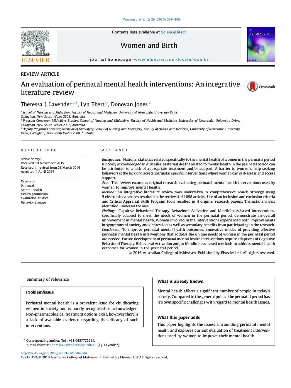 An evaluation of perinatal mental health interventions: An integrative literature review