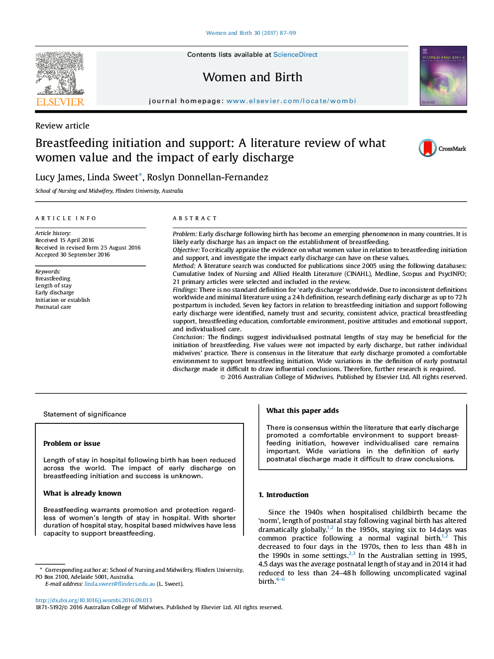 Breastfeeding initiation and support: A literature review of what women value and the impact of early discharge