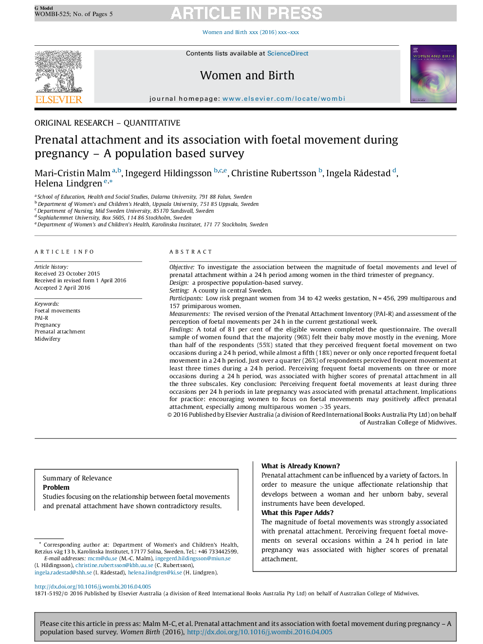 Prenatal attachment and its association with foetal movement during pregnancy - A population based survey