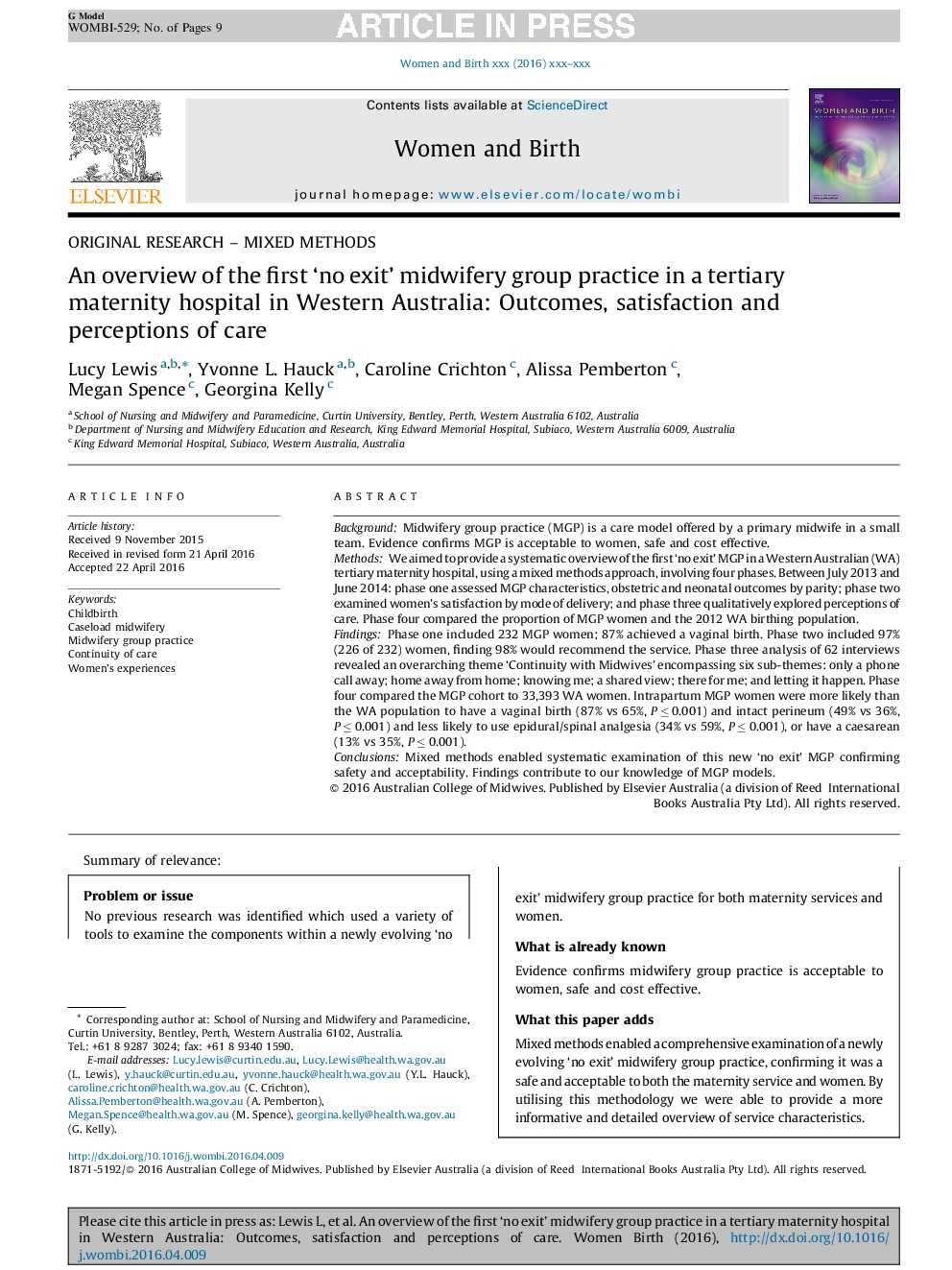 An overview of the first 'no exit' midwifery group practice in a tertiary maternity hospital in Western Australia: Outcomes, satisfaction and perceptions of care