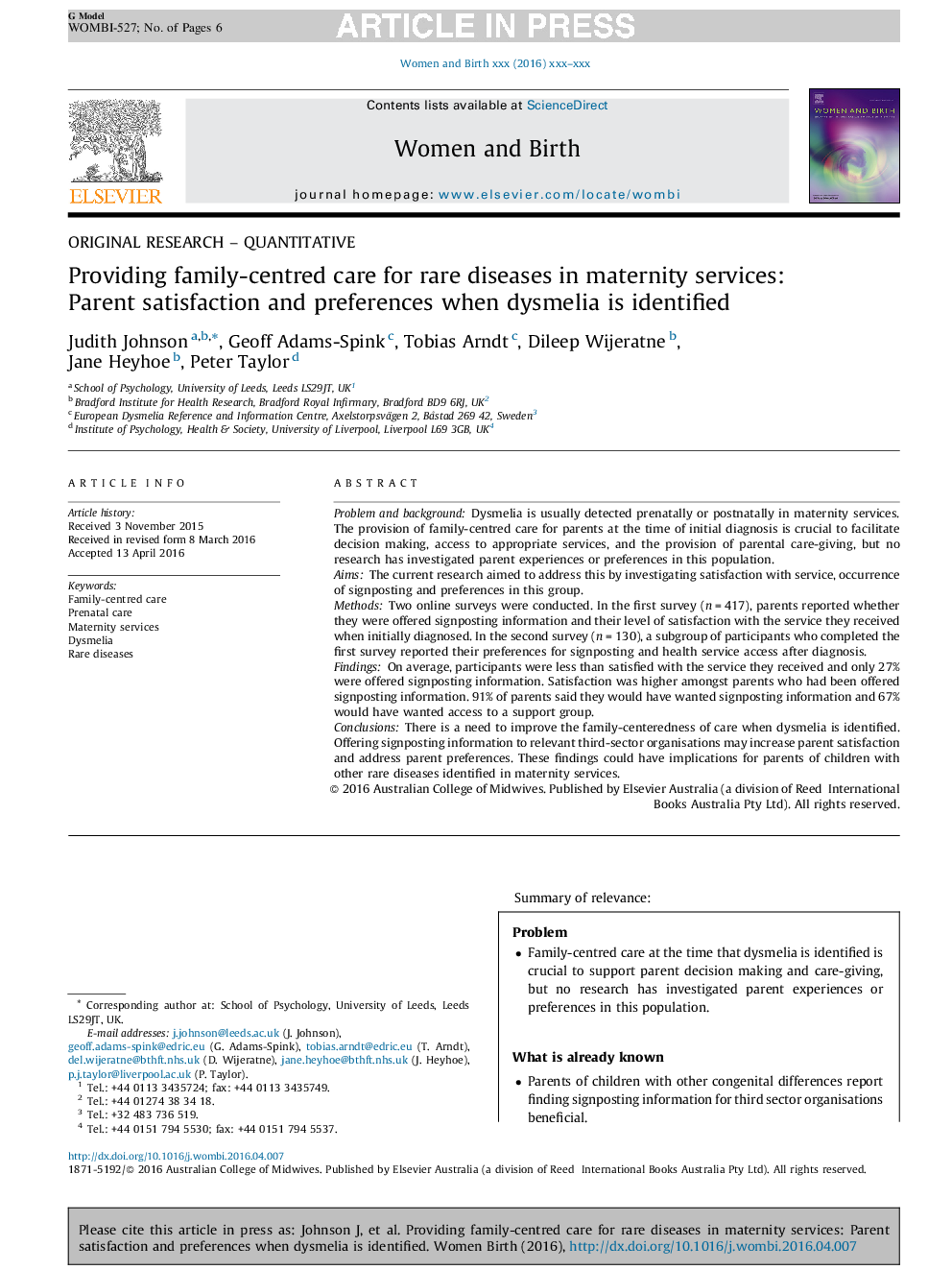 Providing family-centred care for rare diseases in maternity services: Parent satisfaction and preferences when dysmelia is identified