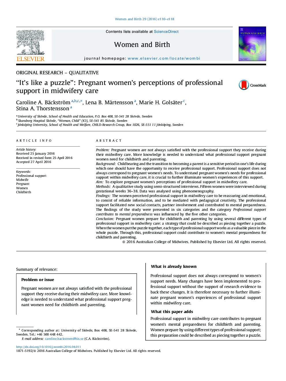 “It's like a puzzle”: Pregnant women's perceptions of professional support in midwifery care