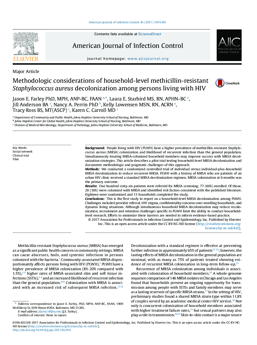 Methodologic considerations of household-level methicillin-resistant Staphylococcus aureus decolonization among persons living with HIV