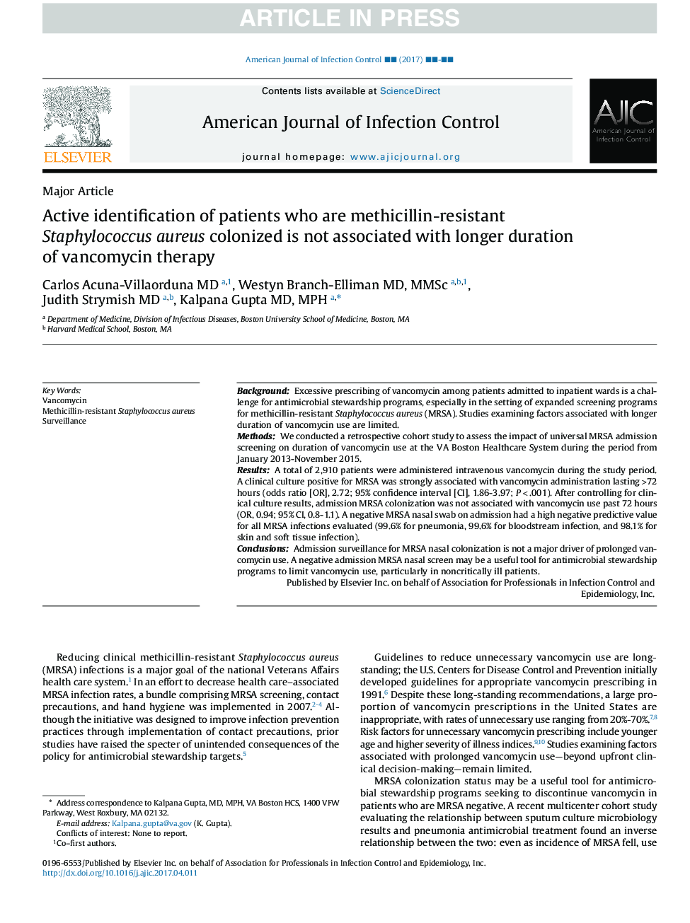 Active identification of patients who are methicillin-resistant Staphylococcus aureus colonized is not associated with longer duration of vancomycin therapy