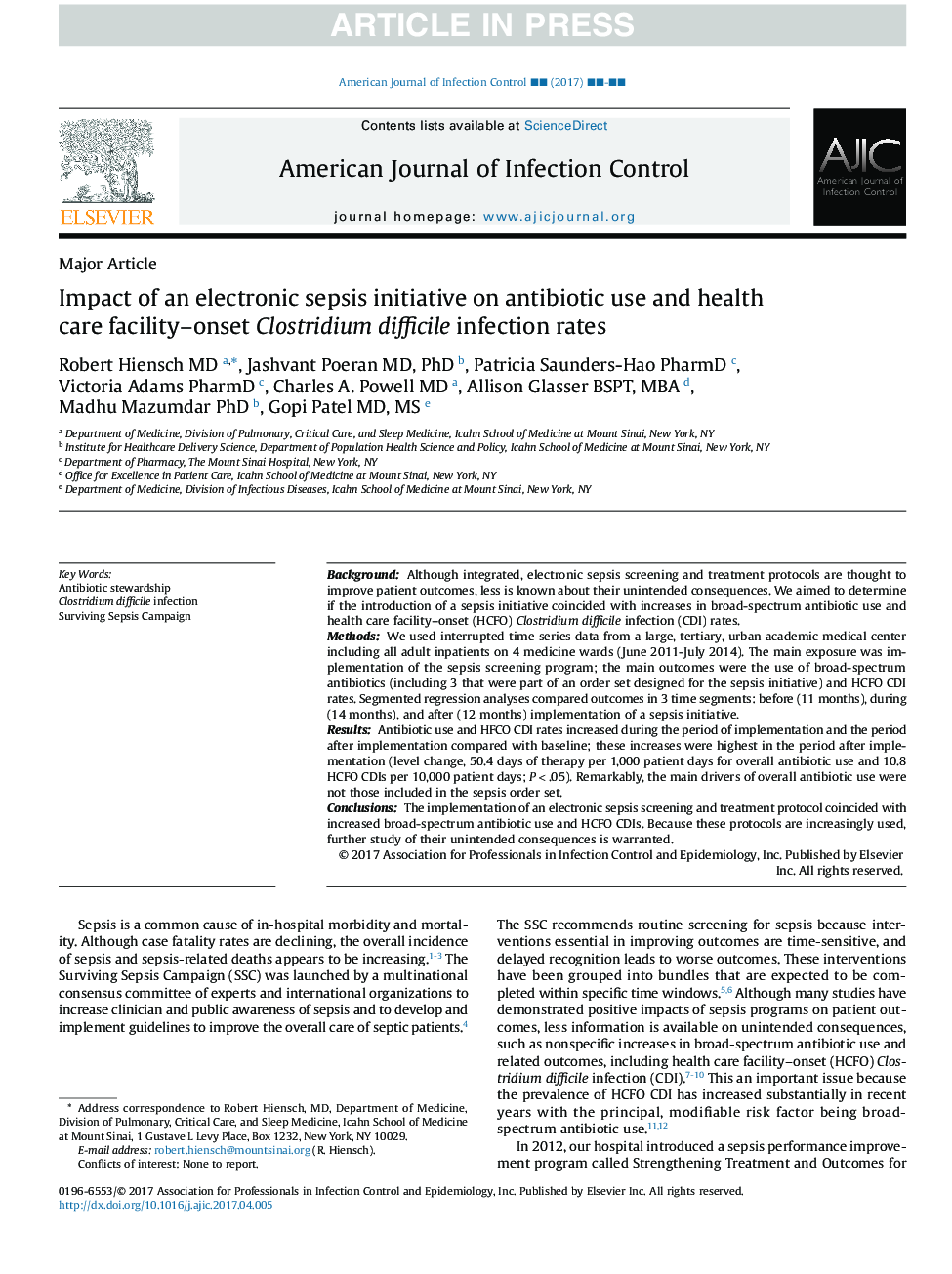 Impact of an electronic sepsis initiative on antibiotic use and health care facility-onset Clostridium difficile infection rates