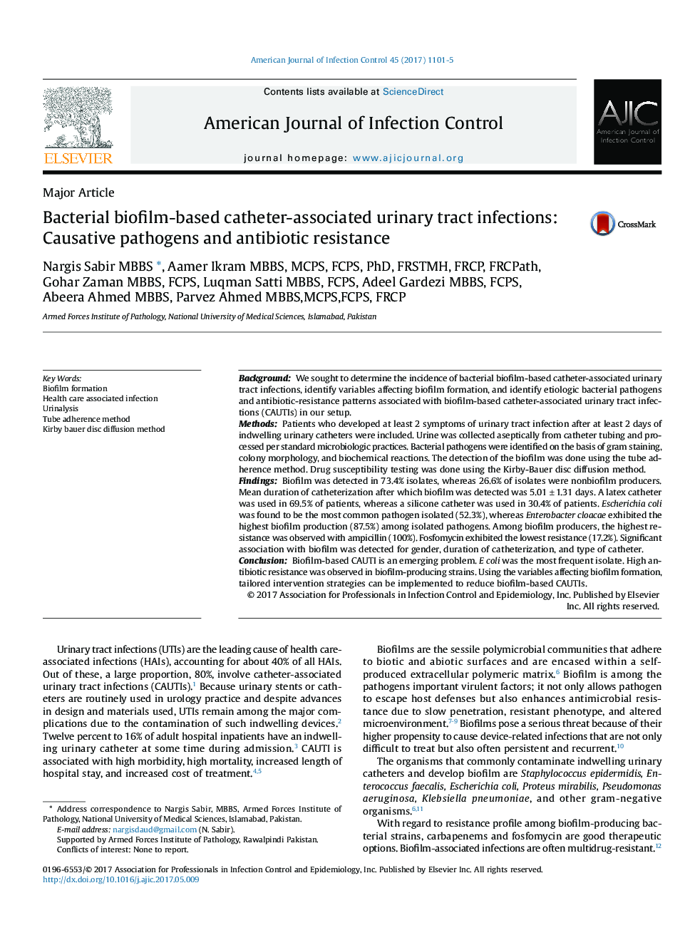 Bacterial biofilm-based catheter-associated urinary tract infections: Causative pathogens and antibiotic resistance