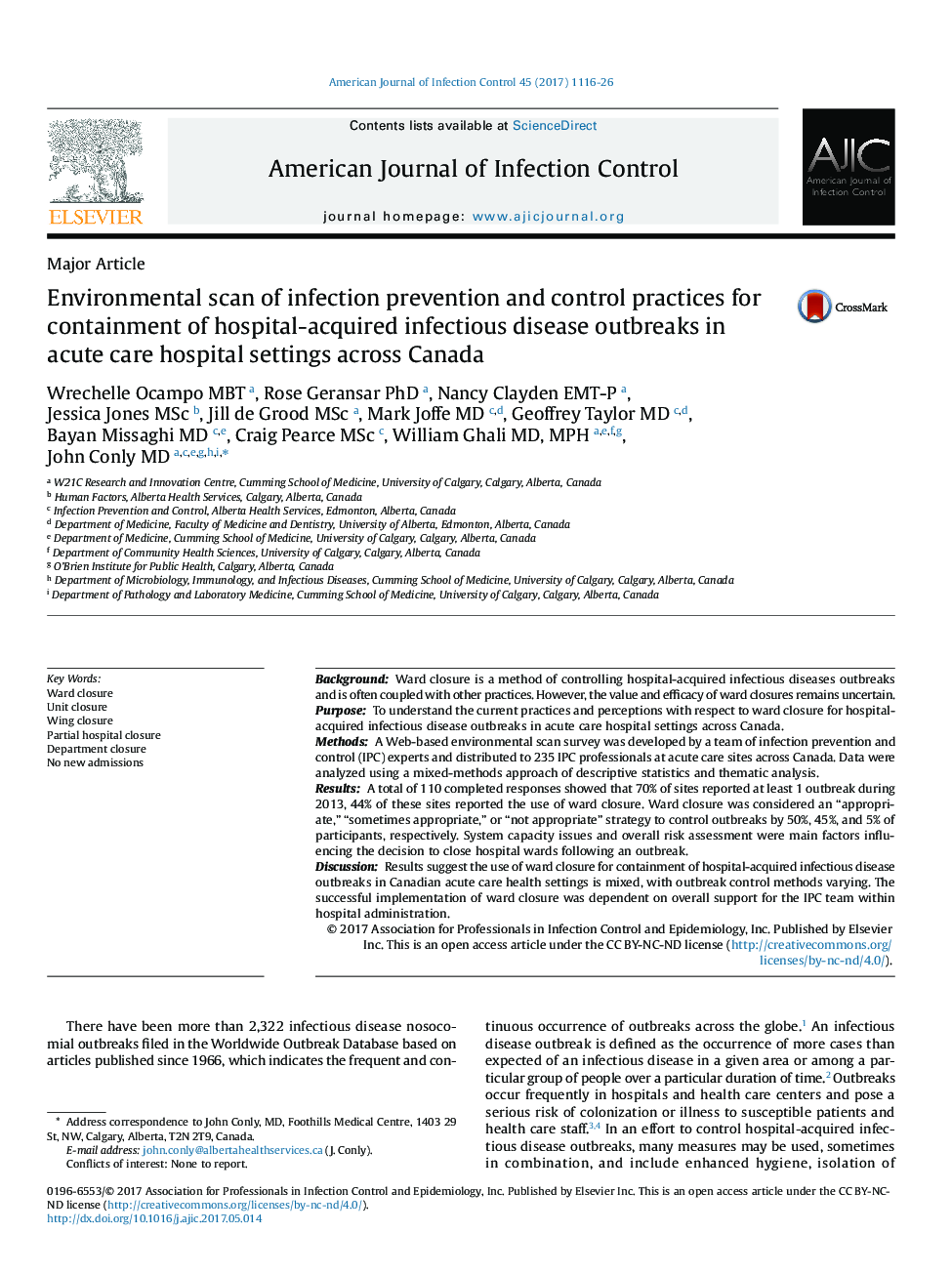 Environmental scan of infection prevention and control practices for containment of hospital-acquired infectious disease outbreaks in acute care hospital settings across Canada